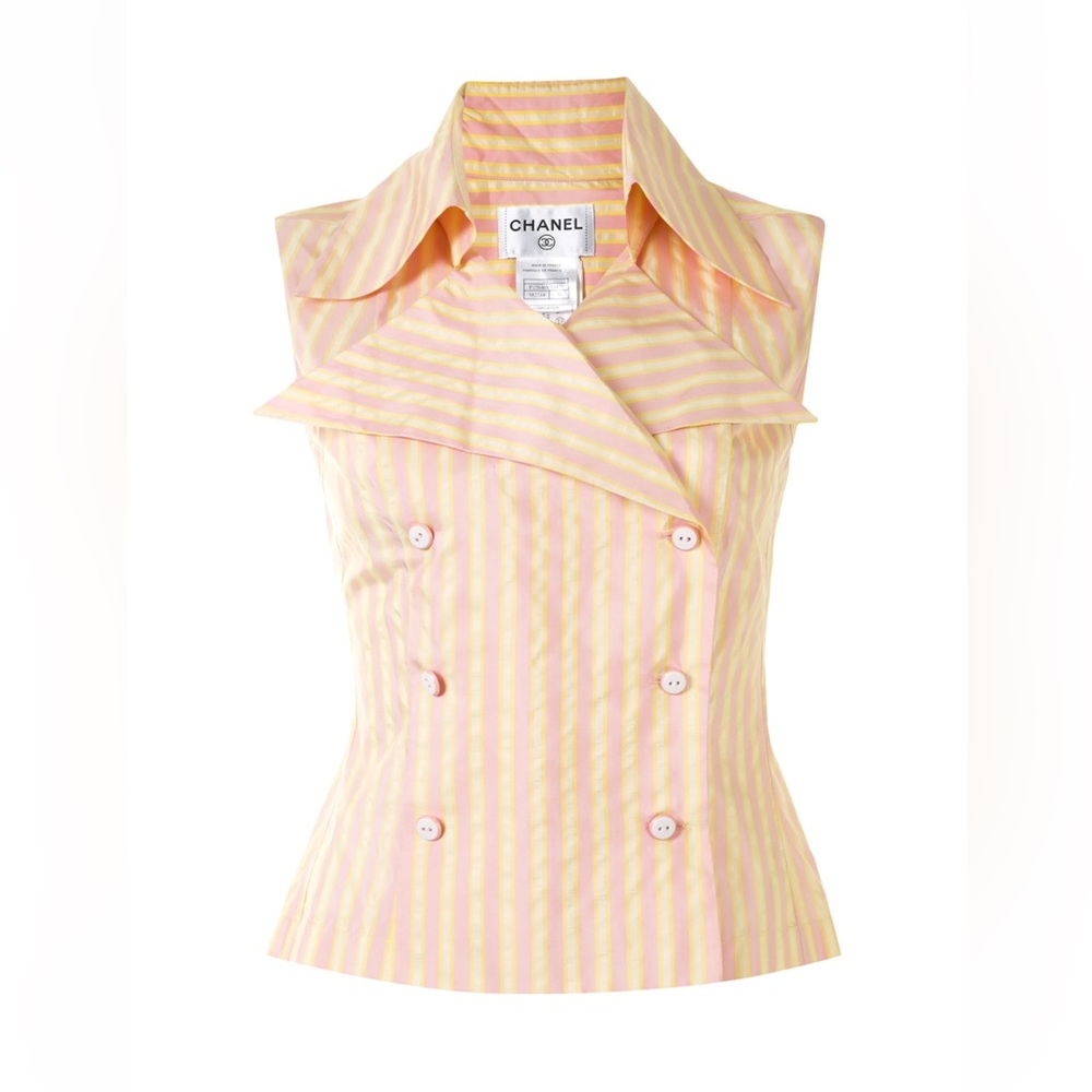 Vintage Chanel 2004 Cruise Collection sleeveless silk striped button down top